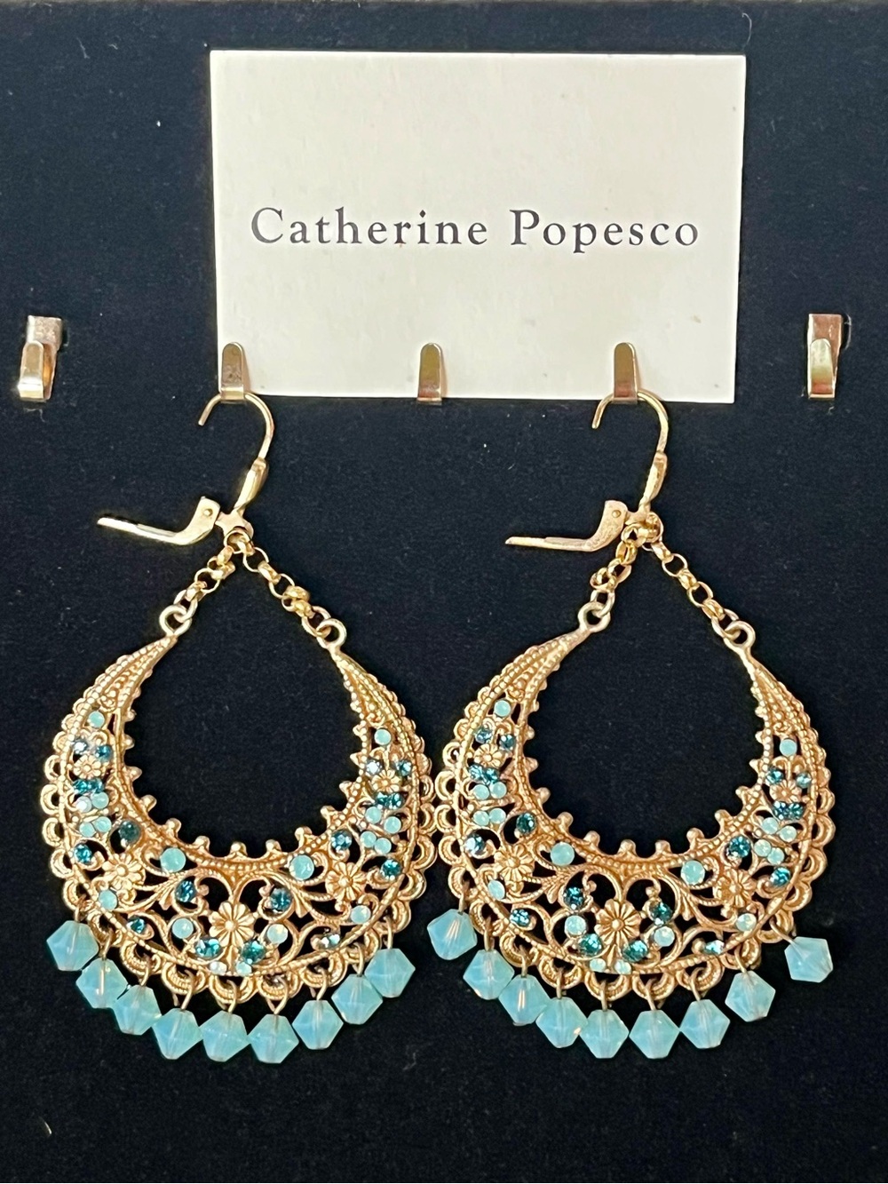 Catherine Popesco La Vie Parisienne Gold Filigree Chandelier Earrings Aqua